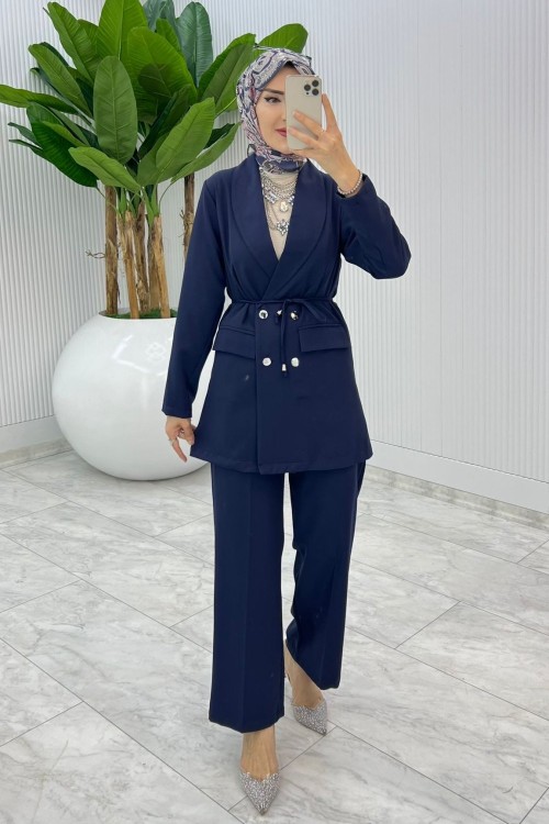 Lacivert Hande Ceket Takım Tesettür Giyim Lacivert
