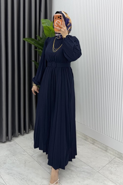 Lacivert Hifa Piliseli Elbise Tesettür Giyim  Lacivert