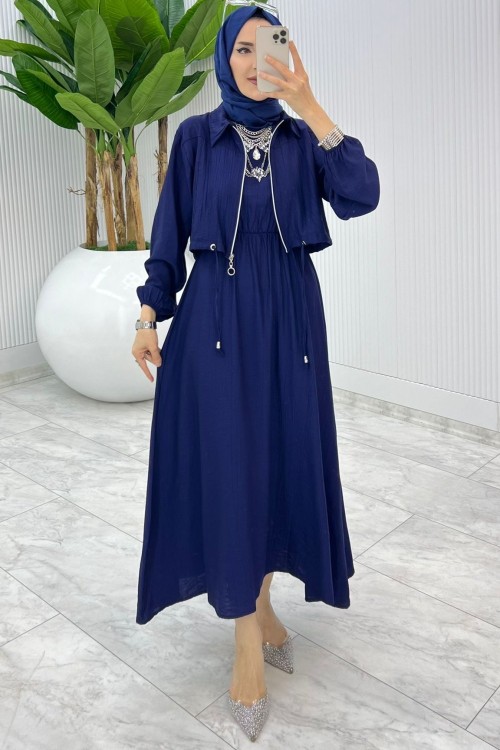 Lacivert Jale Elbise Takım Tesettür Giyim Lacivert