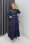 Lacivert Kemerli Eslem Kot Elbise Tesettür Giyim Lacivert