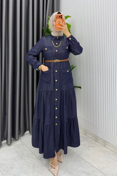 Lacivert Kemerli Eslem Kot Elbise Tesettür Giyim Lacivert