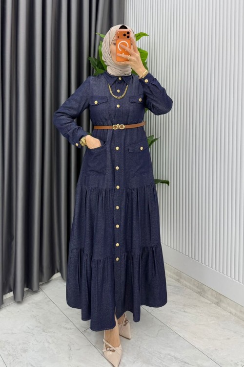 Lacivert Kemerli Eslem Kot Elbise Tesettür Giyim Lacivert