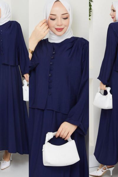 Lacivert Modadüğme Elbise Takım Tesettür Giyim Lacivert