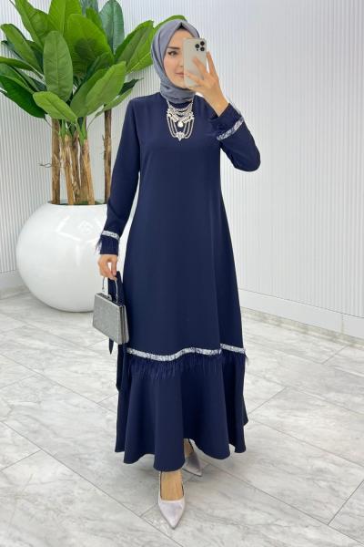 Lacivert Mosso Abiye Elbise Tesettür Giyim Lacivert