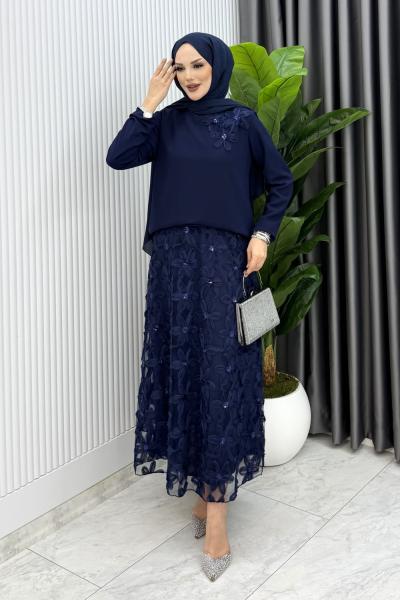 Lacivert Orkide Etek Takım Tesettür Giyim  Lacivert