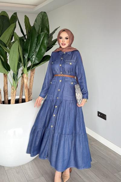 Lacivert Premium Kemerli Melisa Kot Elbise Tesettür Giyim Lacivert