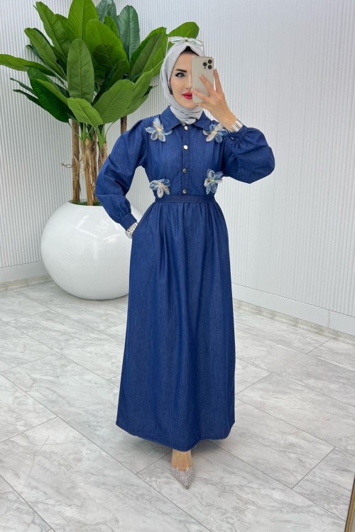Lacivert Selda Tensel Kot Elbise Tesettür Giyim Lacivert