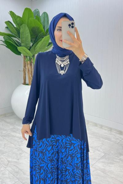 Lacivert Su Damlası Etek Takım Tesettür giyim Lacivert