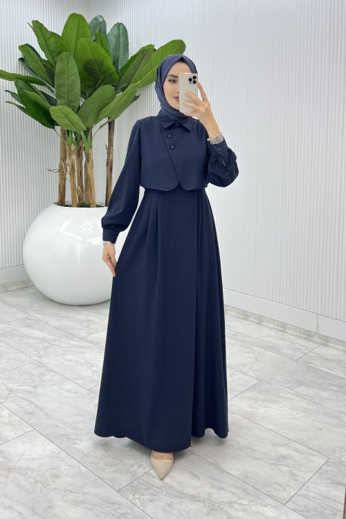 Lacivert Sevgi Yelekli Elbise Takım Tesettür Giyim  Lacivert