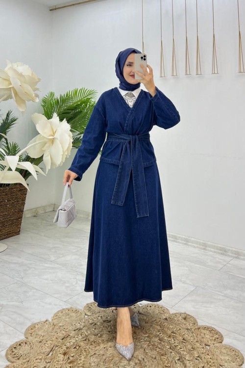 Lacivert Velvet Premium Etekli Kot Takım Tesettür Giyim Lacivert