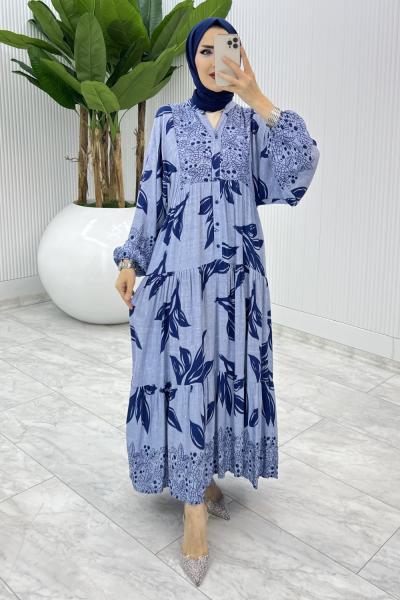 Lacivert Yaprak Desen Elbise Tesettür Giyim Lacivert