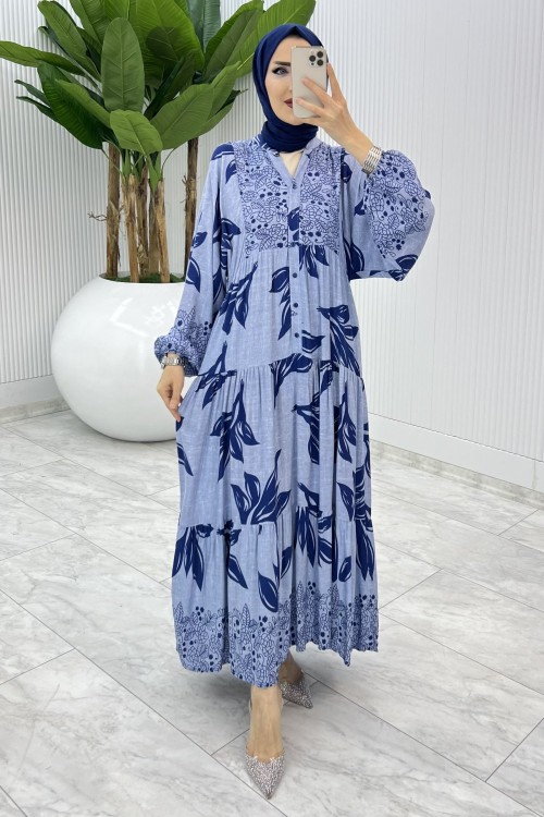 Lacivert Yaprak Desen Elbise Tesettür Giyim Lacivert