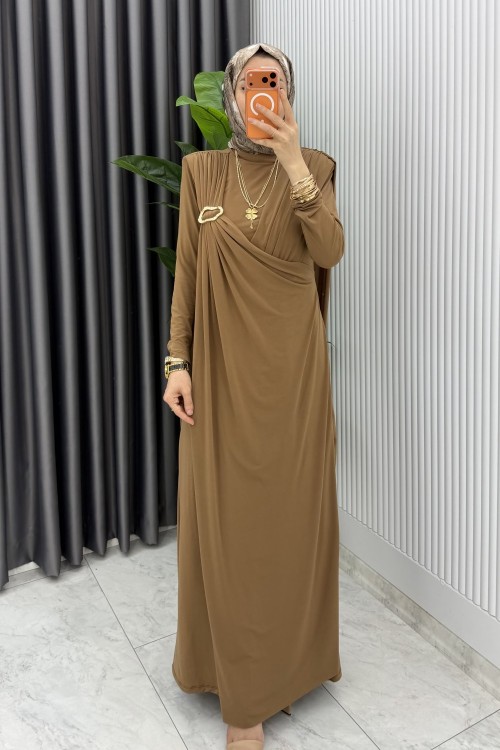 Latte Alya Tasarım Elbise Tesettür Giyim  Açık kahve