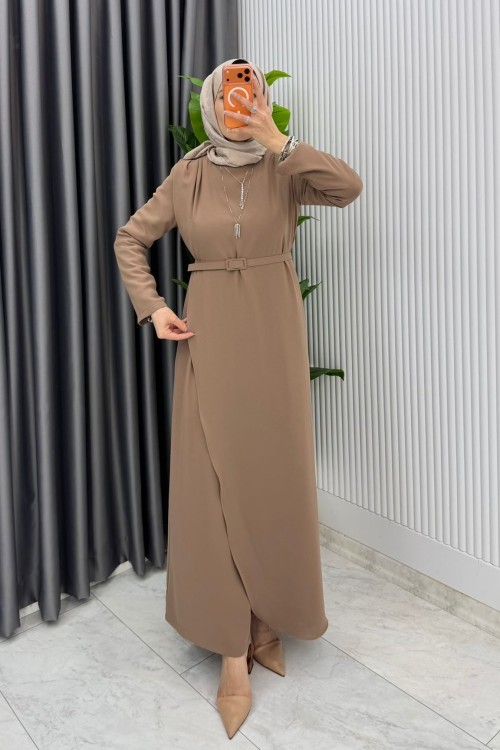 Latte  Kemerli Nalan Tulum Elbise Tesettür Giyim  Toprak