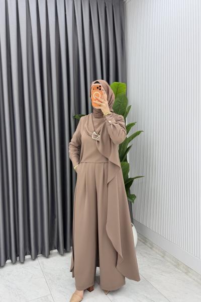 Latte Premium Ahsen Pantolonlu Takım Tesettür Giyim  Vizon
