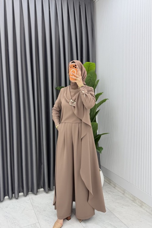 Latte Premium Ahsen Pantolonlu Takım Tesettür Giyim  Vizon