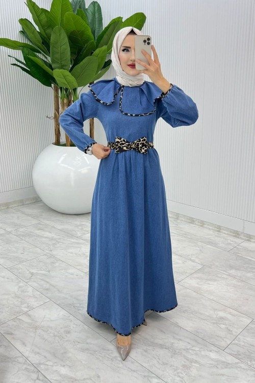 Leopar Premium Fiyonklu Kot Elbise Tesettür Giyim Leopar