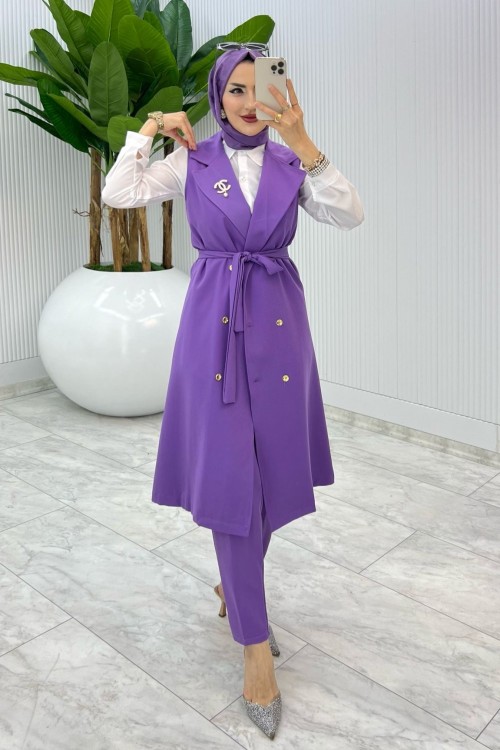 Lila Broşlu Ala Yelek Takım Tesettür Giyim Lila