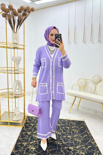 Lila Filiz Triko Takım Tesettür Giyim Lila