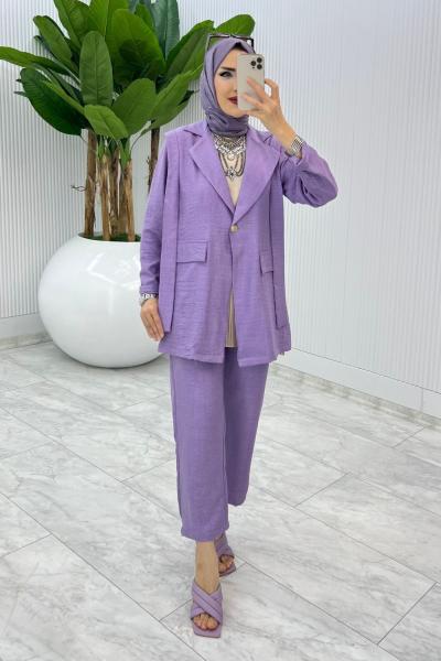 Lila Tek Düğme Ceket Takım Tesettür Giyim Lila