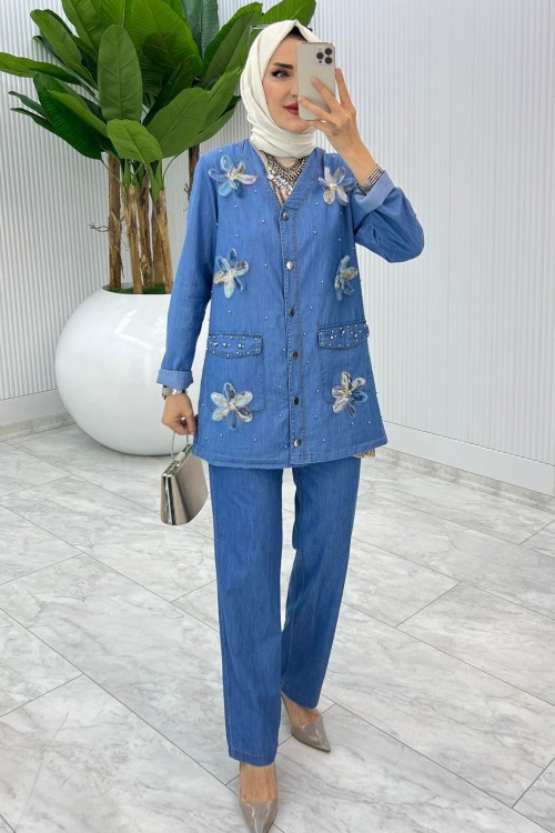 Mavi Cansel Kot Takım Tesettür Giyim Mavi