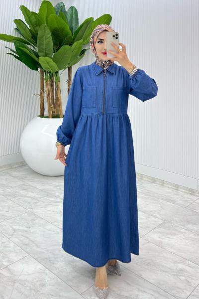 Mavi Cepli Kot Tansel Elbise Tesettür Giyim Mavi