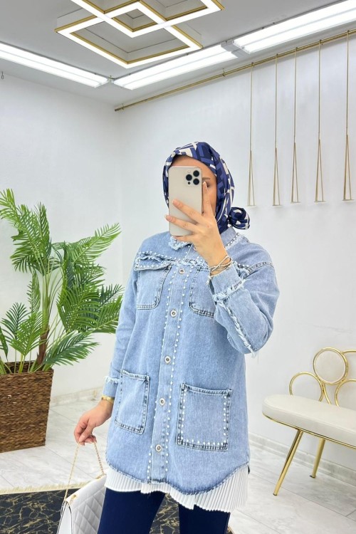 Mavi İncili Kot Ceket Tesettür Giyim Mavi