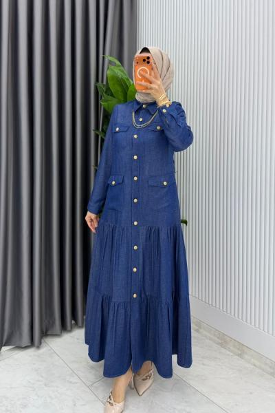 Mavi  Kemerli Eslem Kot Elbise Tesettür Giyim Mavi