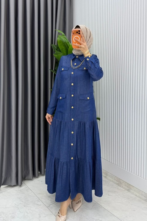 Mavi  Kemerli Eslem Kot Elbise Tesettür Giyim Mavi
