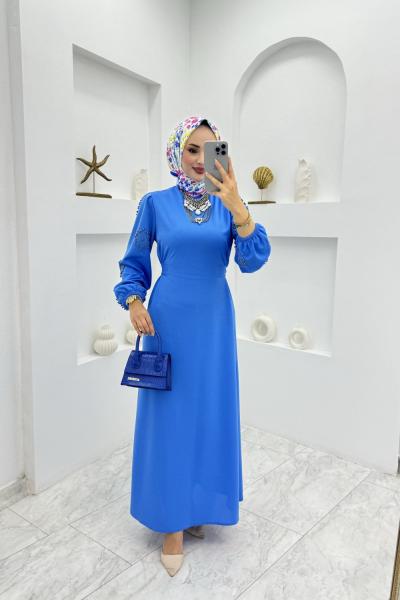Mavi Kolu Taşlı Elbise Tesettür Giyim Mavi