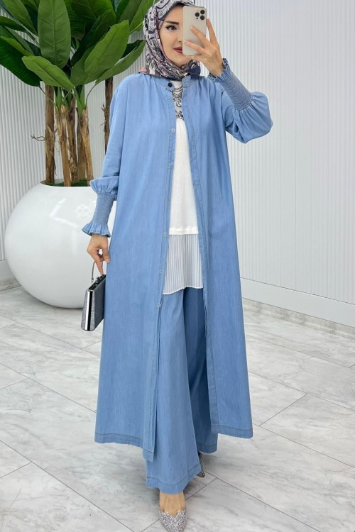 Mavi Mısra Kot Takım Tesettür Giyim Mavi