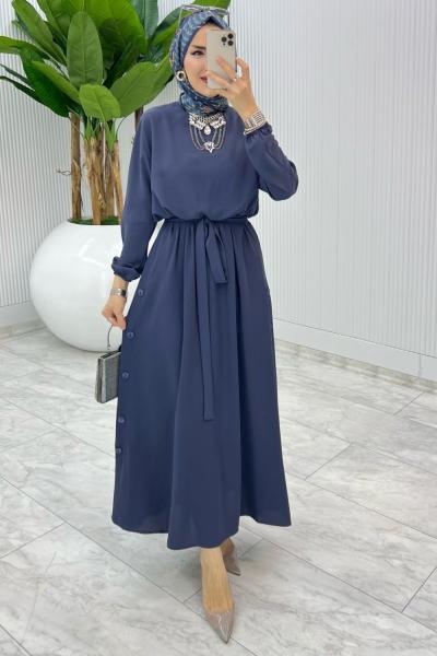 Mavi Premium Düğmeli Elbise Tesettür Giyim Mavi