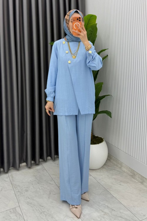 Mavi Premium Kemerli Gözde Takım Tesettür Giyim  Mavi