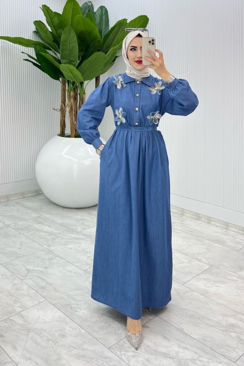Mavi Selda Tensel Kot Elbise Tesettür Giyim Mavi