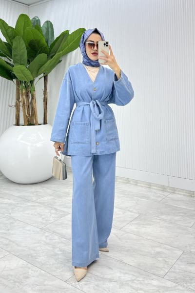 Mavi Şeyda Premıum Kot Takım Tesettür Giyim  Mavi