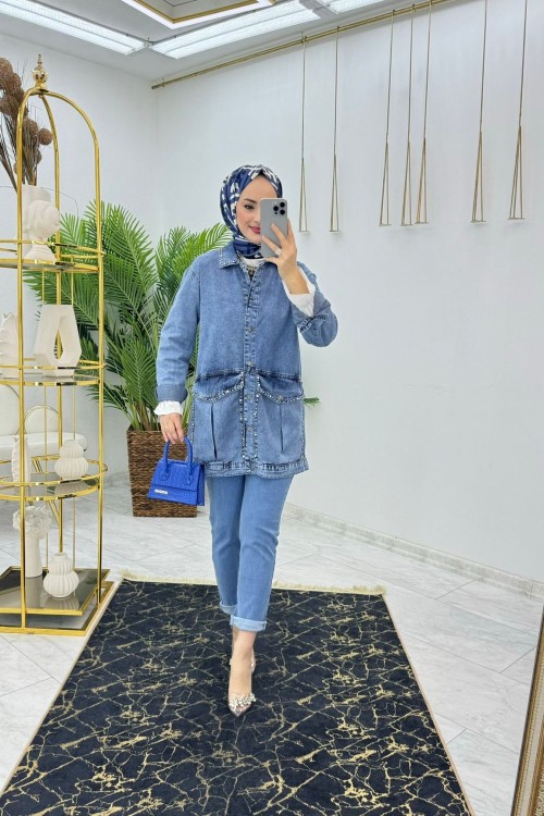 Mavi Şura Tasarım Kot Ceket Tesettür Giyim Mavi