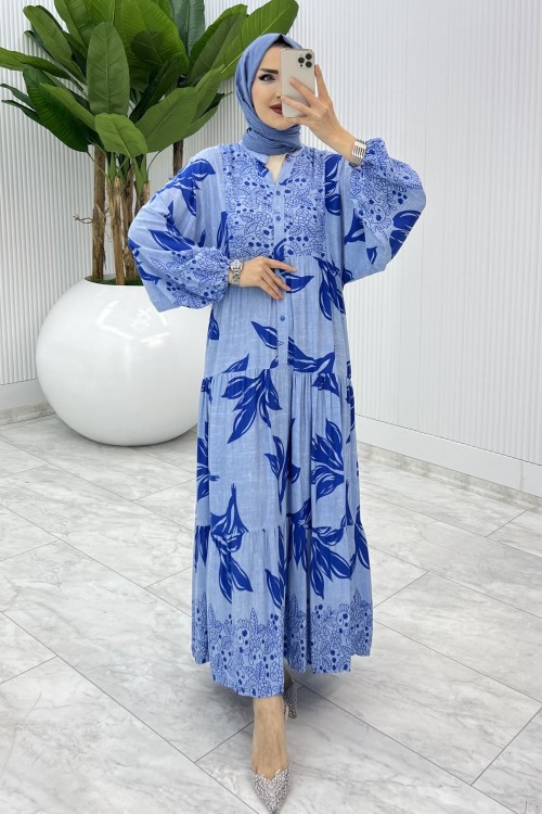 Mavi Yaprak Desen Elbise Tesettür Giyim Mavi