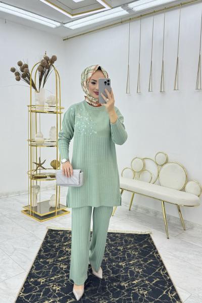 Mint Pullu Triko Takım Tesettür Giyim Mint Yeşili