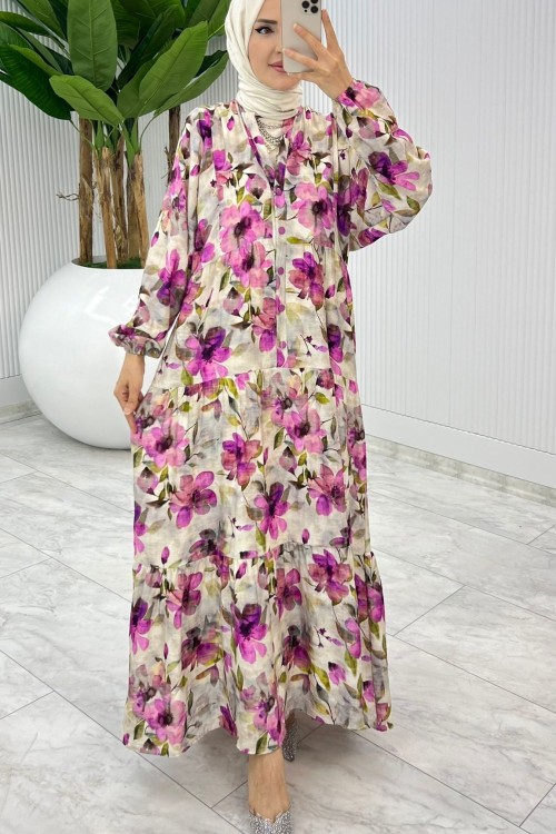 Mor Aşikar Elbise Tesettür Giyim Mor