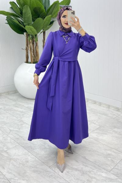 Mor Bağlamalı Elbise Tesettür Giyim  Mor