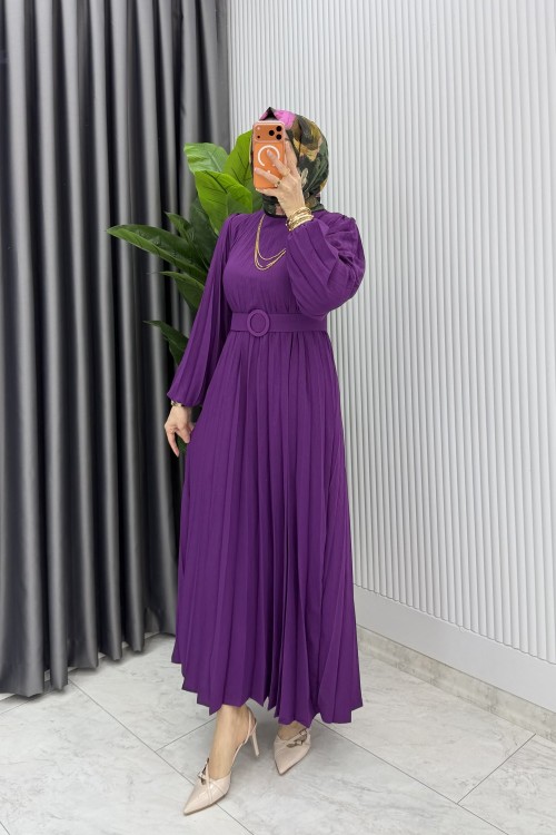 Mor Hifa Piliseli Elbise Tesettür Giyim  Mor
