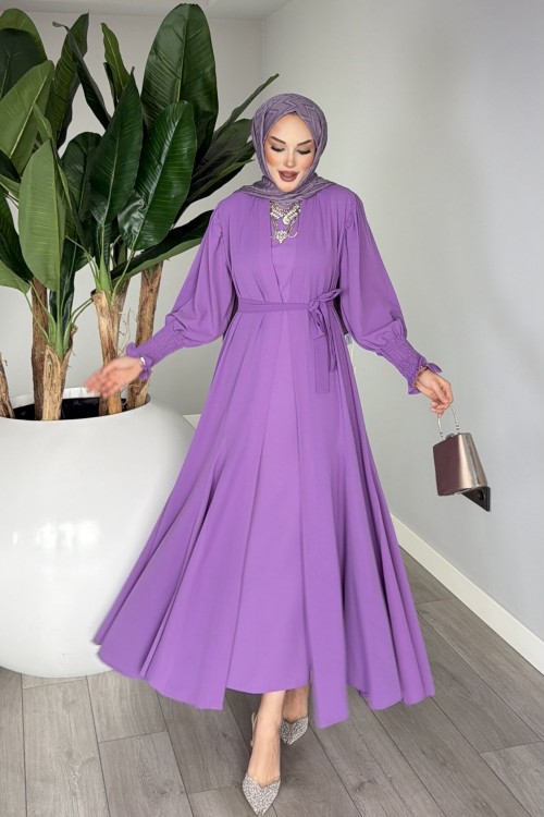 Mor Meşk Abaya Takım Tesettür Giyim Mor