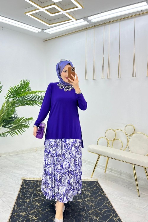 Mor Sendi Palmiye Etek Takım Tesettür Giyim Mor