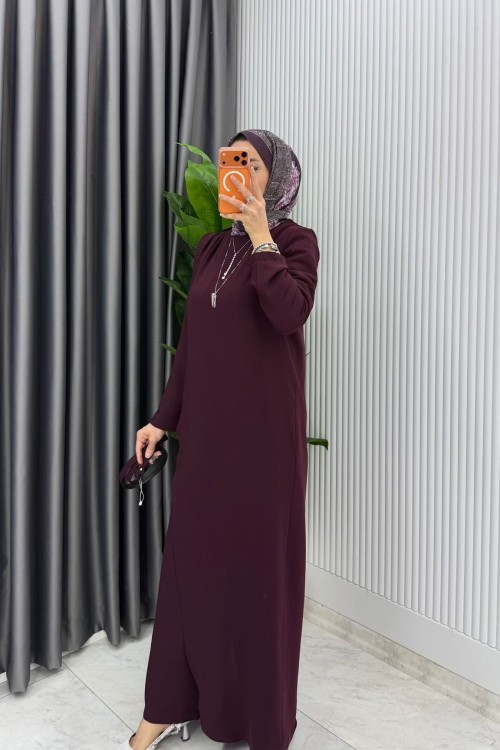 Mürdüm  Kemerli Nalan Tulum Elbise Tesettür Giyim  Mürdüm