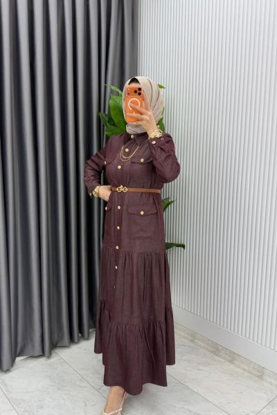 Mürdüm  Kemerli Eslem Kot Elbise Tesettür Giyim Mürdüm
