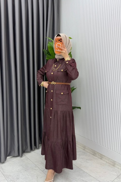 Mürdüm  Kemerli Eslem Kot Elbise Tesettür Giyim Mürdüm