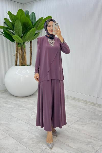Mürdüm Asimetrik Takım Tesettür Giyim Mürdüm