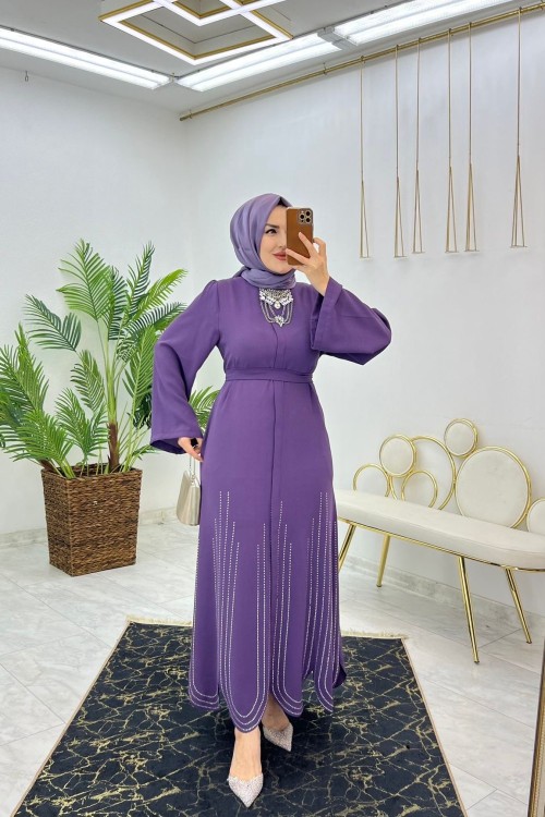 Mürdüm Lazerli Ferace Tesettür Giyim Mürdüm