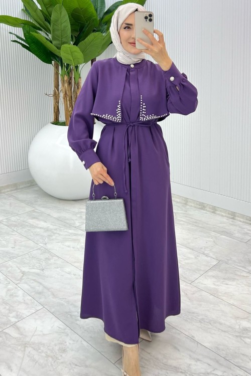 Mürdüm Premium Amor Ferace Tesettür Giyim Mürdüm