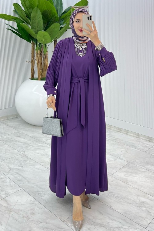 Mürdüm Premıum Melek Abaya Takım Tesettür Giyim Mürdüm